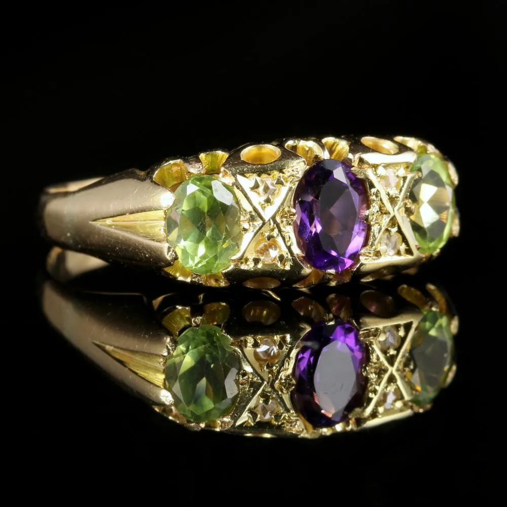 Antique Victorian Suffragette Ring Amethyst Peridot Diamond 18Ct Gold