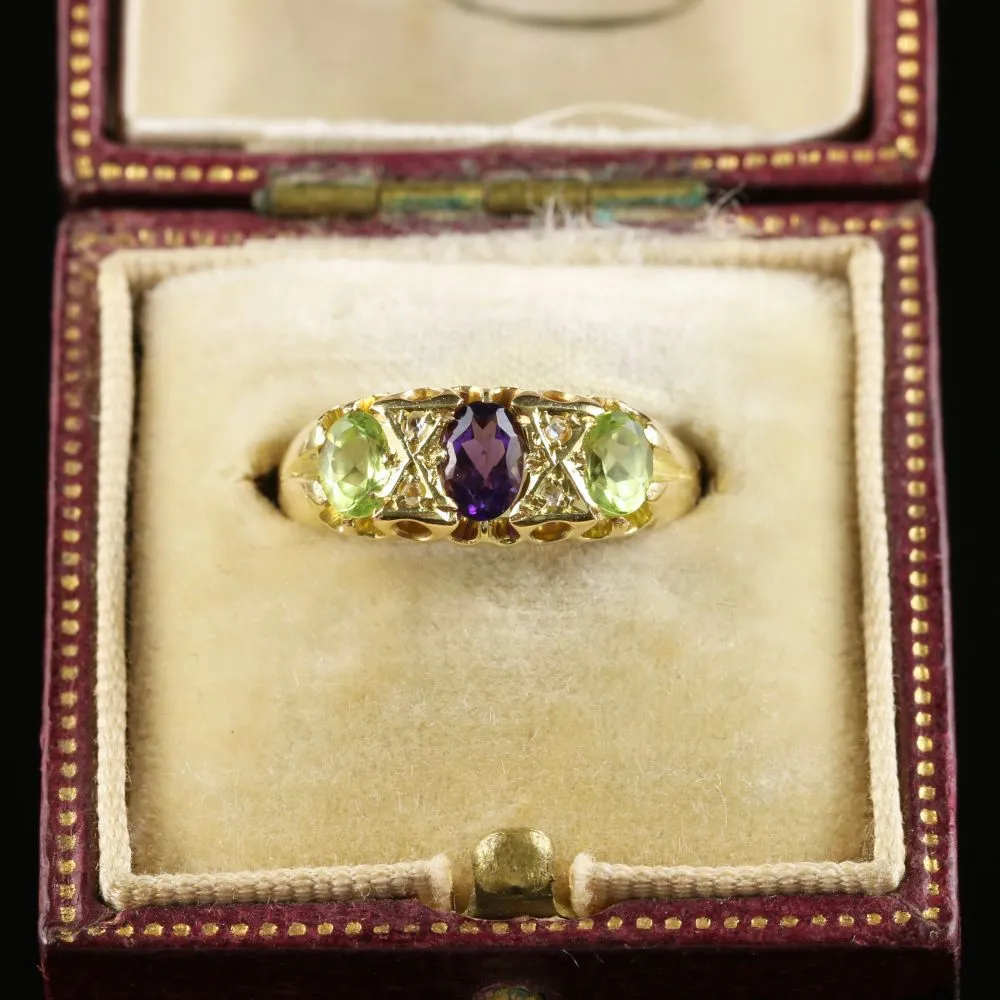 Antique Victorian Suffragette Ring Amethyst Peridot Diamond 18Ct Gold