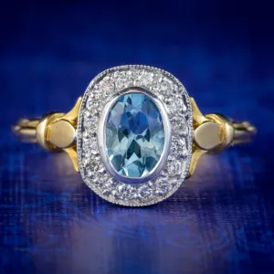 Aquamarine Diamond Cluster Ring 18ct Gold Dated 1998