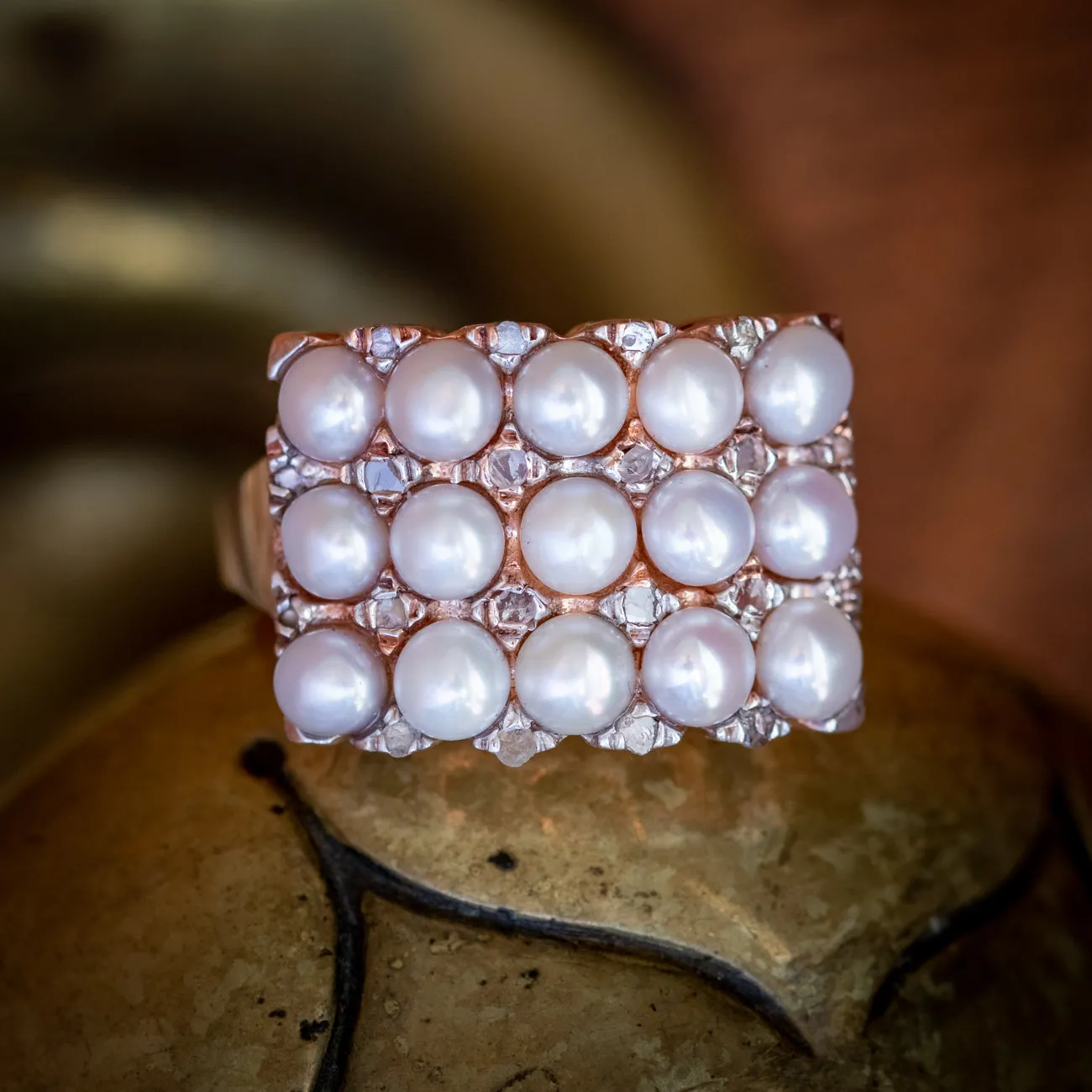 Art Deco Pearl Diamond Ring 14ct Rose Gold Circa 1920