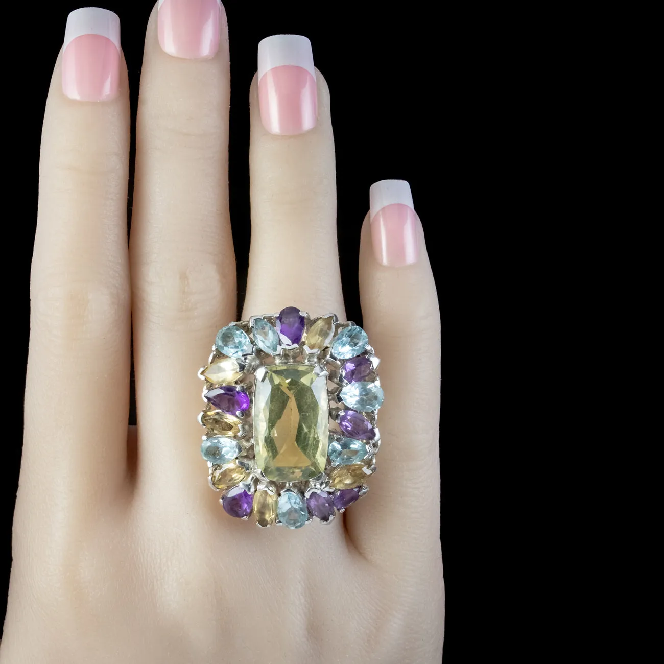 Art Deco Style Citrine Amethyst Aquamarine Cluster Cocktail Ring Sterling Silver