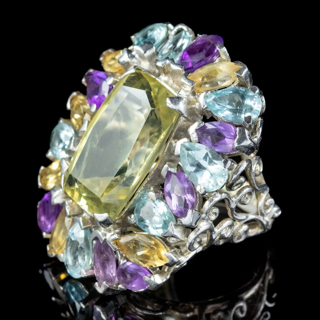Art Deco Style Citrine Amethyst Aquamarine Cluster Cocktail Ring Sterling Silver
