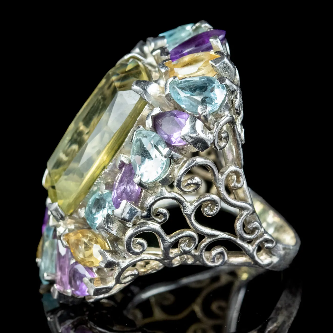 Art Deco Style Citrine Amethyst Aquamarine Cluster Cocktail Ring Sterling Silver