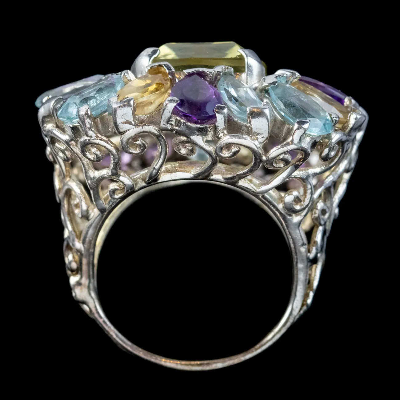 Art Deco Style Citrine Amethyst Aquamarine Cluster Cocktail Ring Sterling Silver