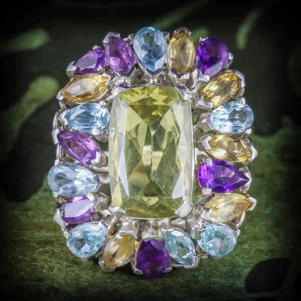 Art Deco Style Citrine Amethyst Aquamarine Cluster Cocktail Ring Sterling Silver