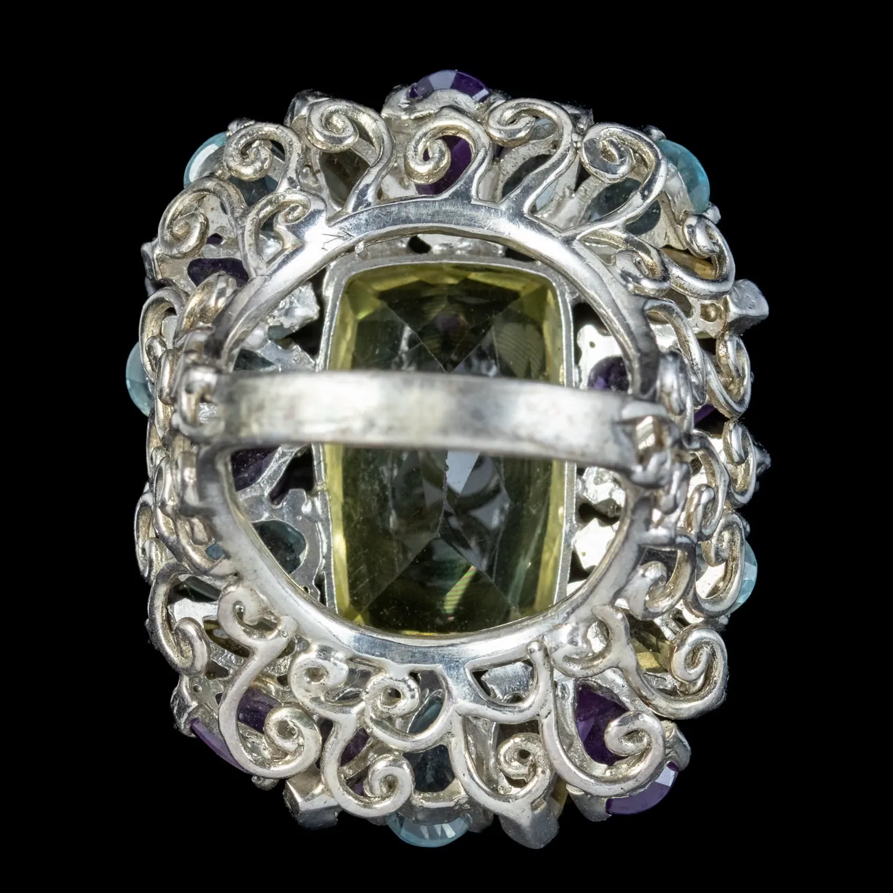 Art Deco Style Citrine Amethyst Aquamarine Cluster Cocktail Ring Sterling Silver