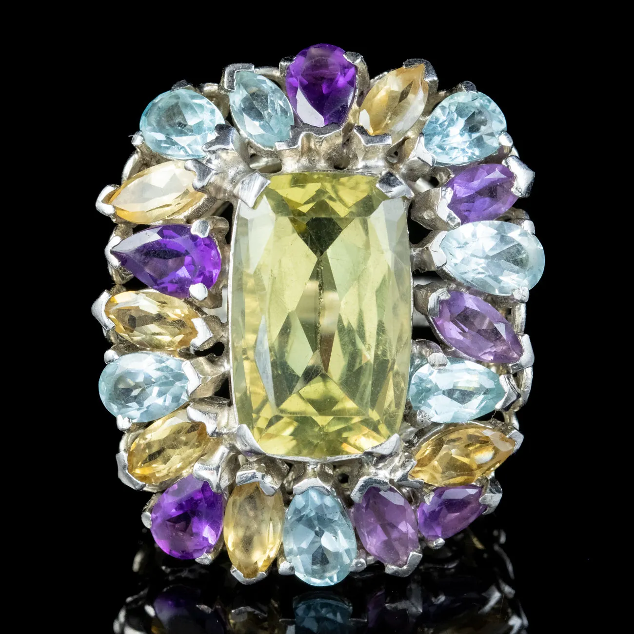 Art Deco Style Citrine Amethyst Aquamarine Cluster Cocktail Ring Sterling Silver