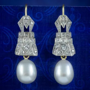 Art Deco Style Diamond Pearl Drop Earrings Platinum