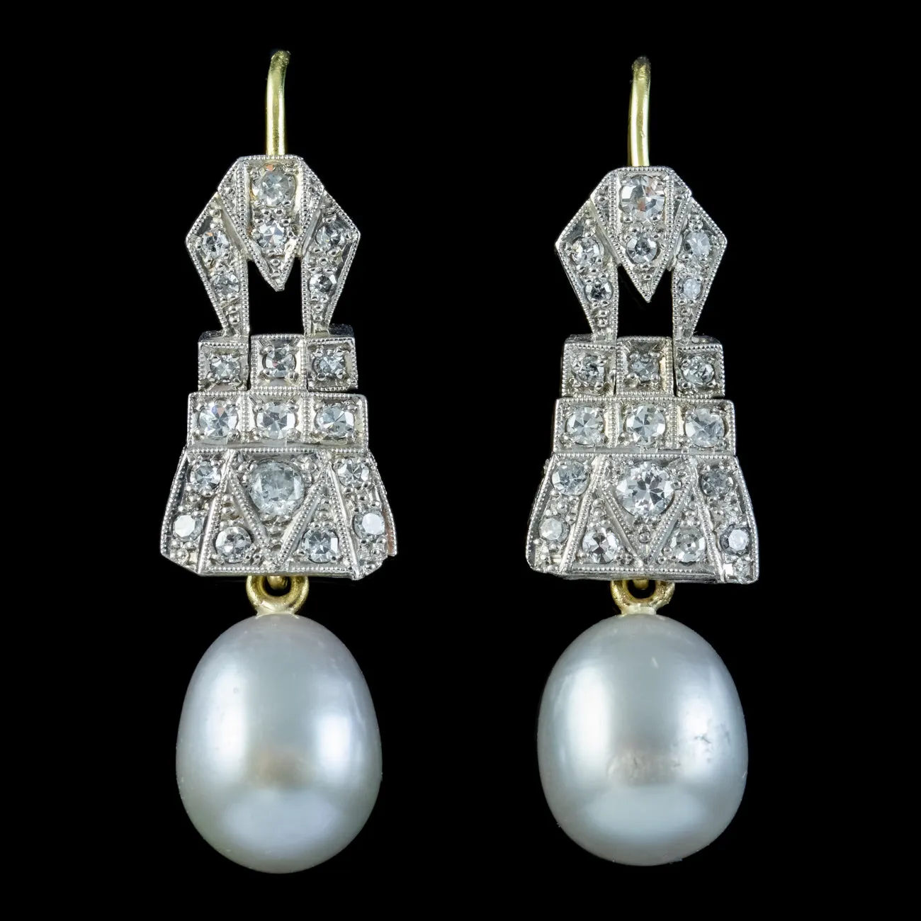 Art Deco Style Diamond Pearl Drop Earrings Platinum