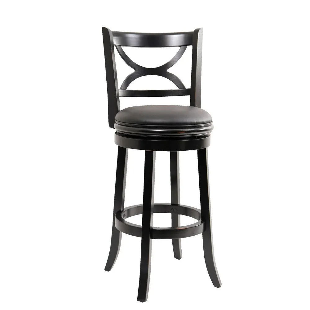 Ava 29 Inch Swivel Bar Stool, Solid Wood, Rich Faux Leather, Midnight Black By Casagear Home