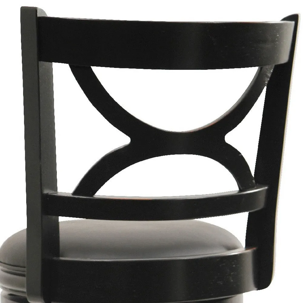 Ava 29 Inch Swivel Bar Stool, Solid Wood, Rich Faux Leather, Midnight Black By Casagear Home