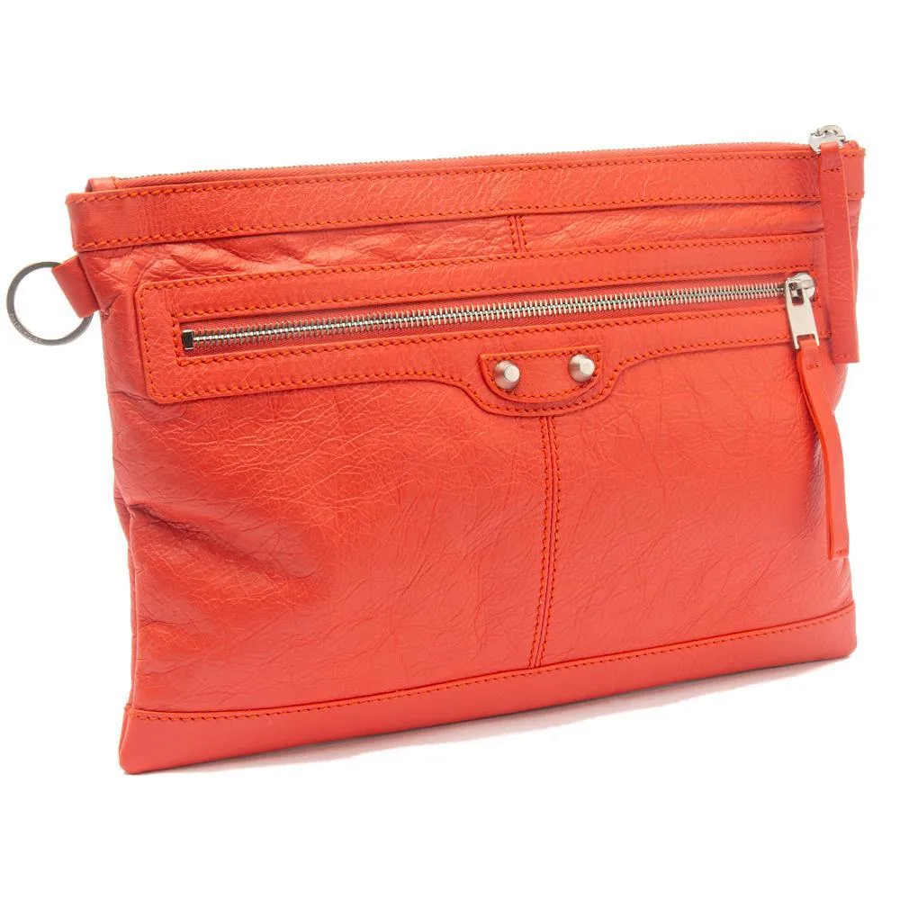 Balenciaga Orange Lambskin Leather Classic City Clip Pouch Clutch Bag