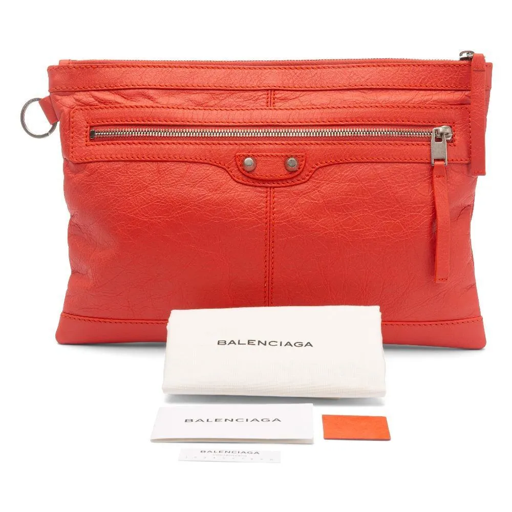 Balenciaga Orange Lambskin Leather Classic City Clip Pouch Clutch Bag