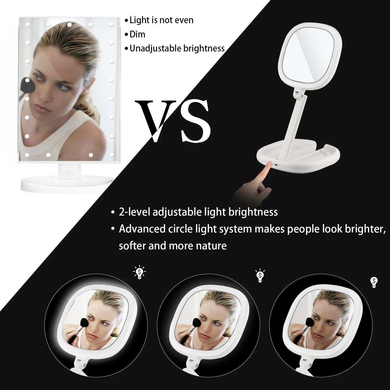 BEAUTIFIVE Illuminated Makeup Mirror With Light, LED Vanity Mirror, Double Sided Magnifying Mirror With Brightness&180°Angle&Height Adjustable Smart Design, Magnified Travel Mirror Folding White
