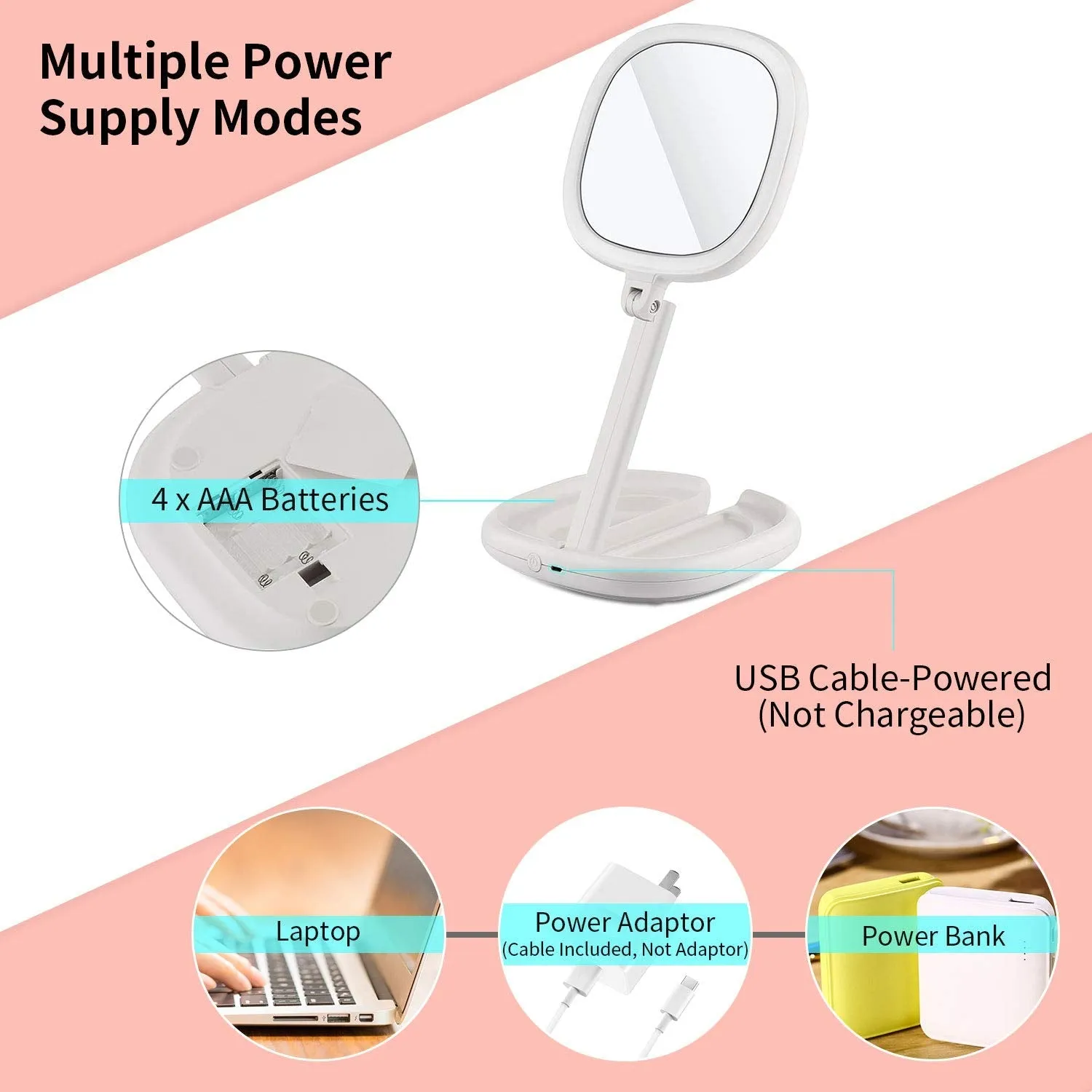 BEAUTIFIVE Illuminated Makeup Mirror With Light, LED Vanity Mirror, Double Sided Magnifying Mirror With Brightness&180°Angle&Height Adjustable Smart Design, Magnified Travel Mirror Folding White