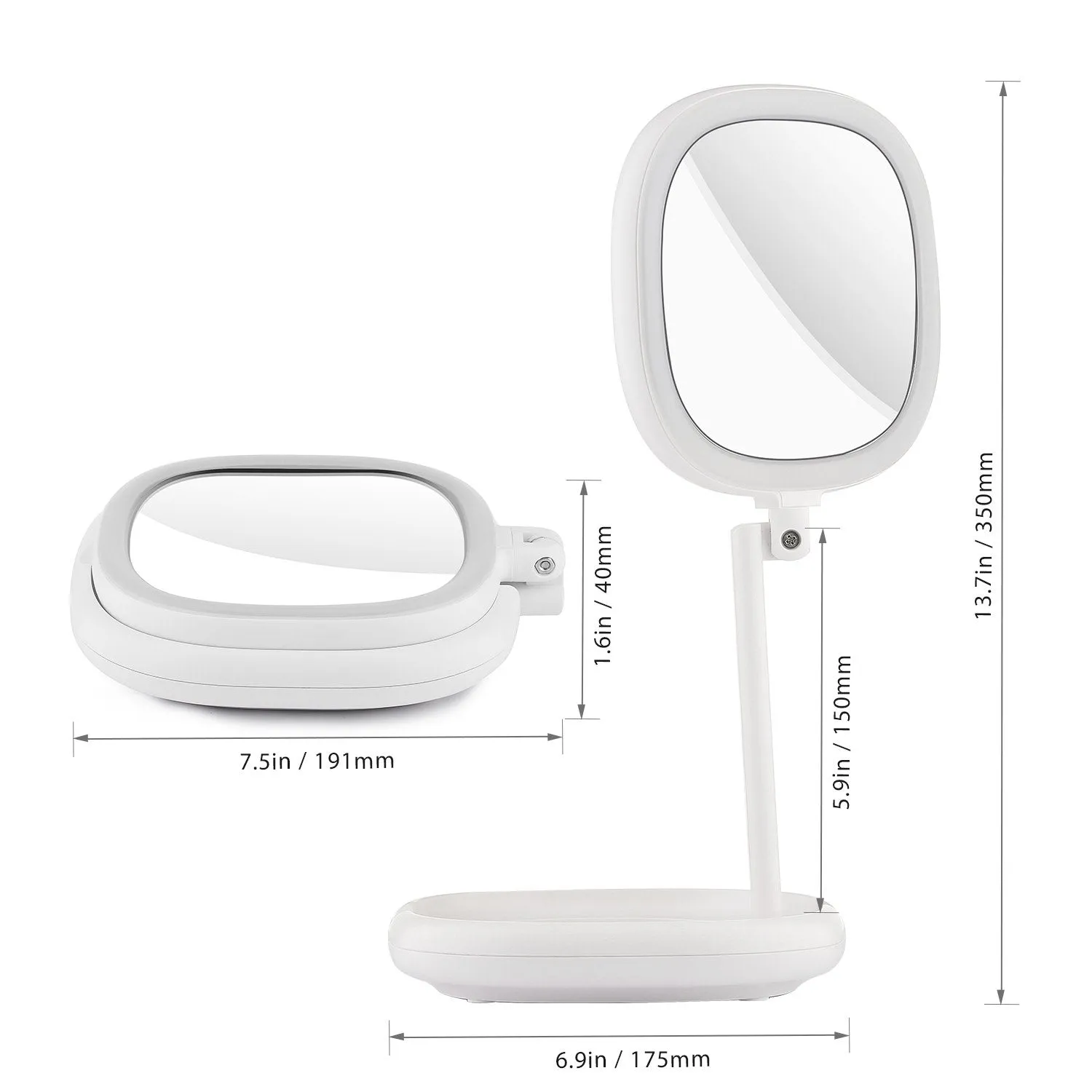 BEAUTIFIVE Illuminated Makeup Mirror With Light, LED Vanity Mirror, Double Sided Magnifying Mirror With Brightness&180°Angle&Height Adjustable Smart Design, Magnified Travel Mirror Folding White