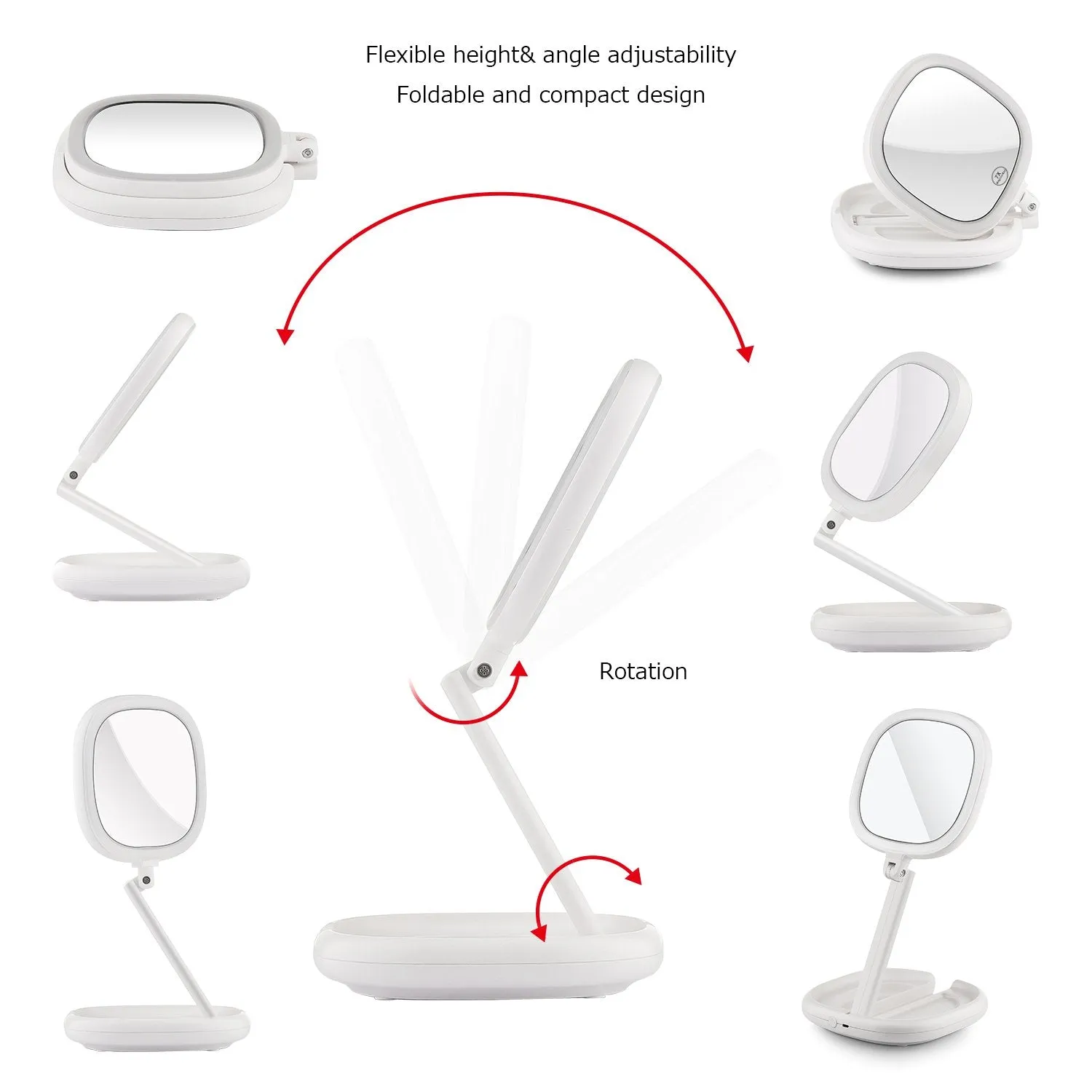 BEAUTIFIVE Illuminated Makeup Mirror With Light, LED Vanity Mirror, Double Sided Magnifying Mirror With Brightness&180°Angle&Height Adjustable Smart Design, Magnified Travel Mirror Folding White