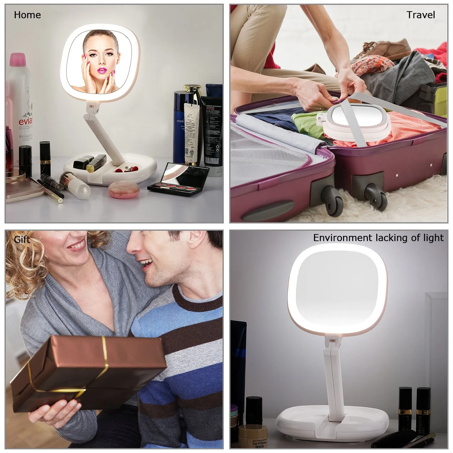 BEAUTIFIVE Illuminated Makeup Mirror With Light, LED Vanity Mirror, Double Sided Magnifying Mirror With Brightness&180°Angle&Height Adjustable Smart Design, Magnified Travel Mirror Folding White
