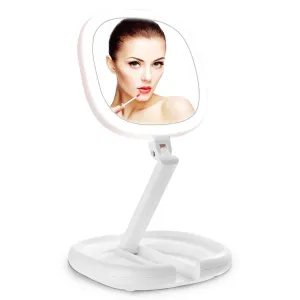 BEAUTIFIVE Illuminated Makeup Mirror With Light, LED Vanity Mirror, Double Sided Magnifying Mirror With Brightness&180°Angle&Height Adjustable Smart Design, Magnified Travel Mirror Folding White