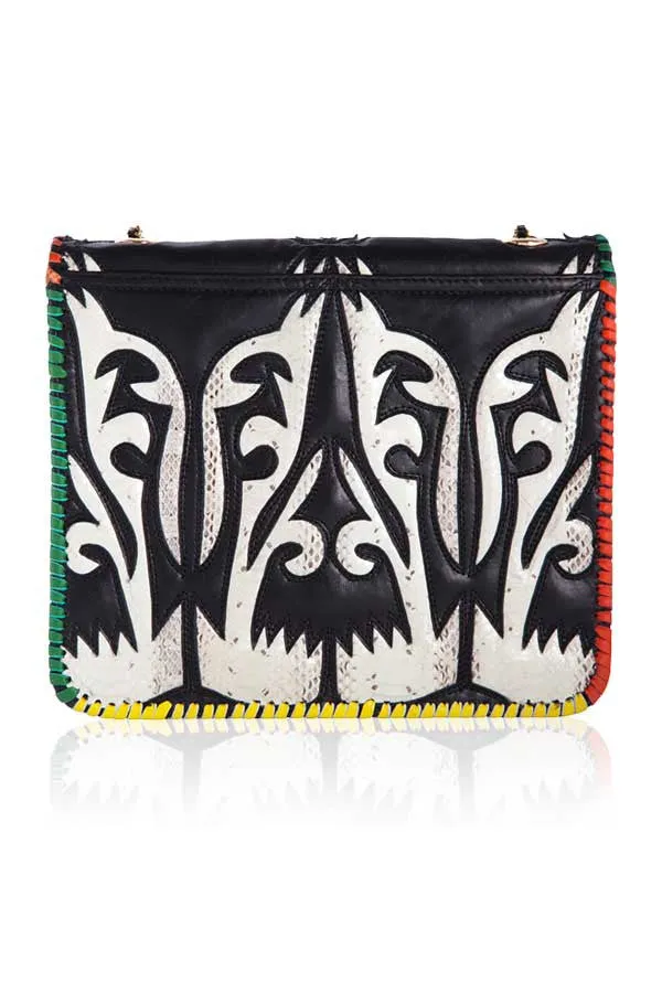BLACK LEATHER SATCHEL WITH NATURAL SNAKESKIN DETAIL