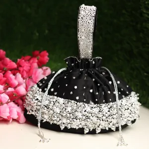 Black Potli Bag , embellished with pearls and swarovski crystals
