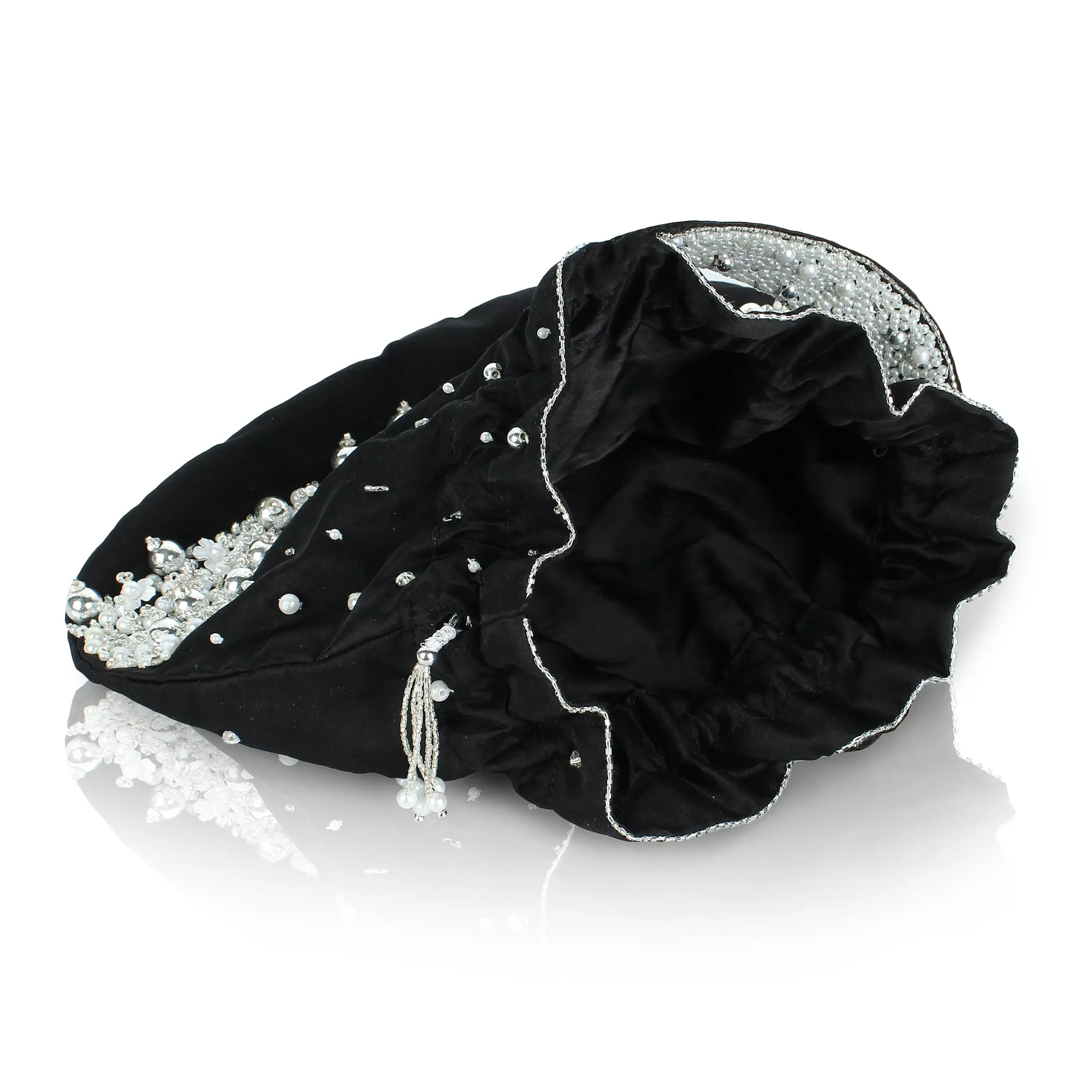 Black Potli Bag , embellished with pearls and swarovski crystals
