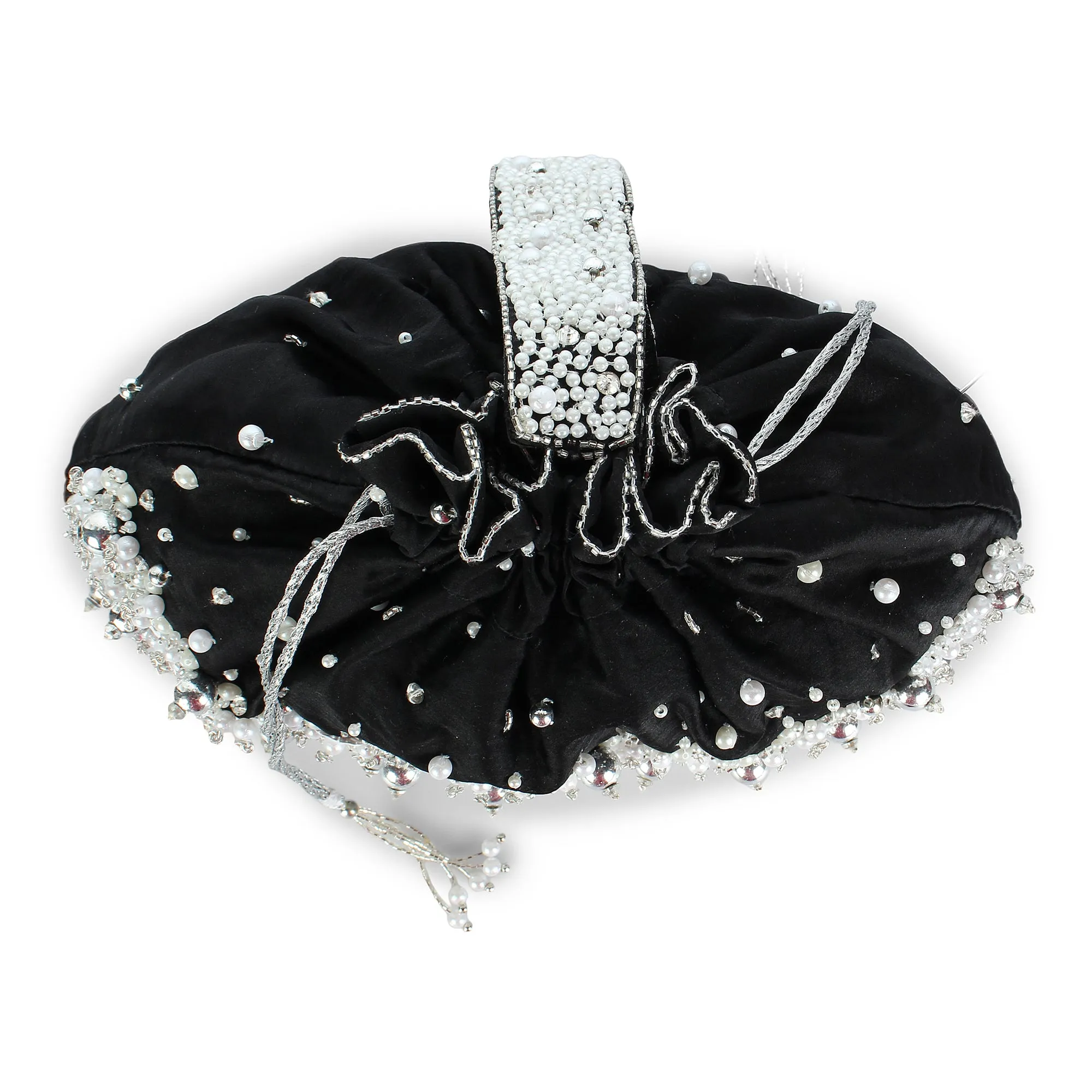 Black Potli Bag , embellished with pearls and swarovski crystals