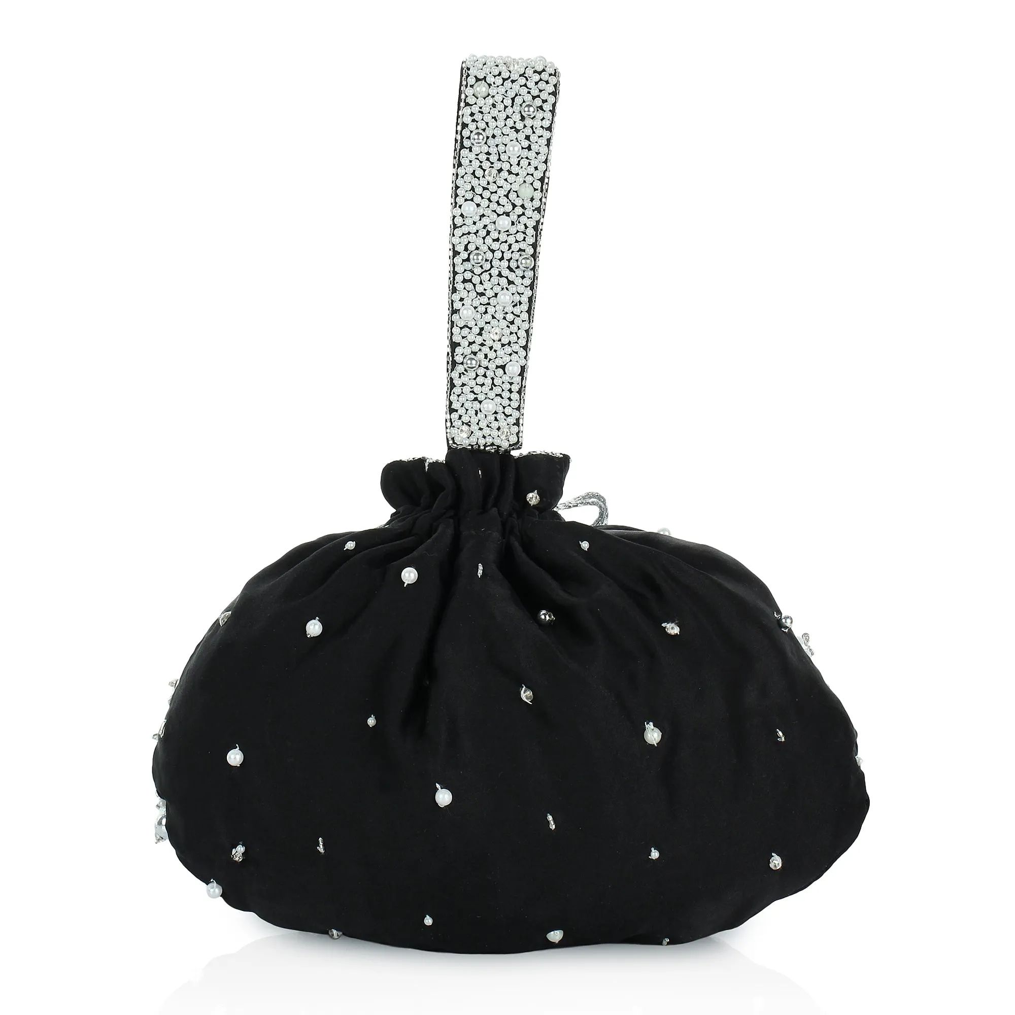 Black Potli Bag , embellished with pearls and swarovski crystals