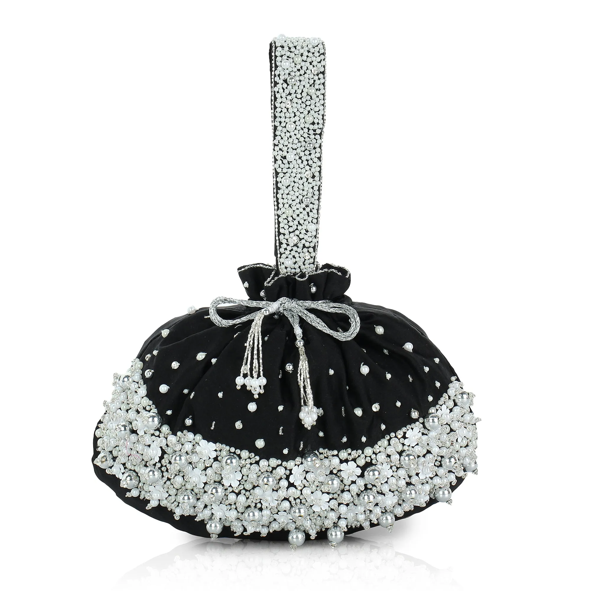 Black Potli Bag , embellished with pearls and swarovski crystals