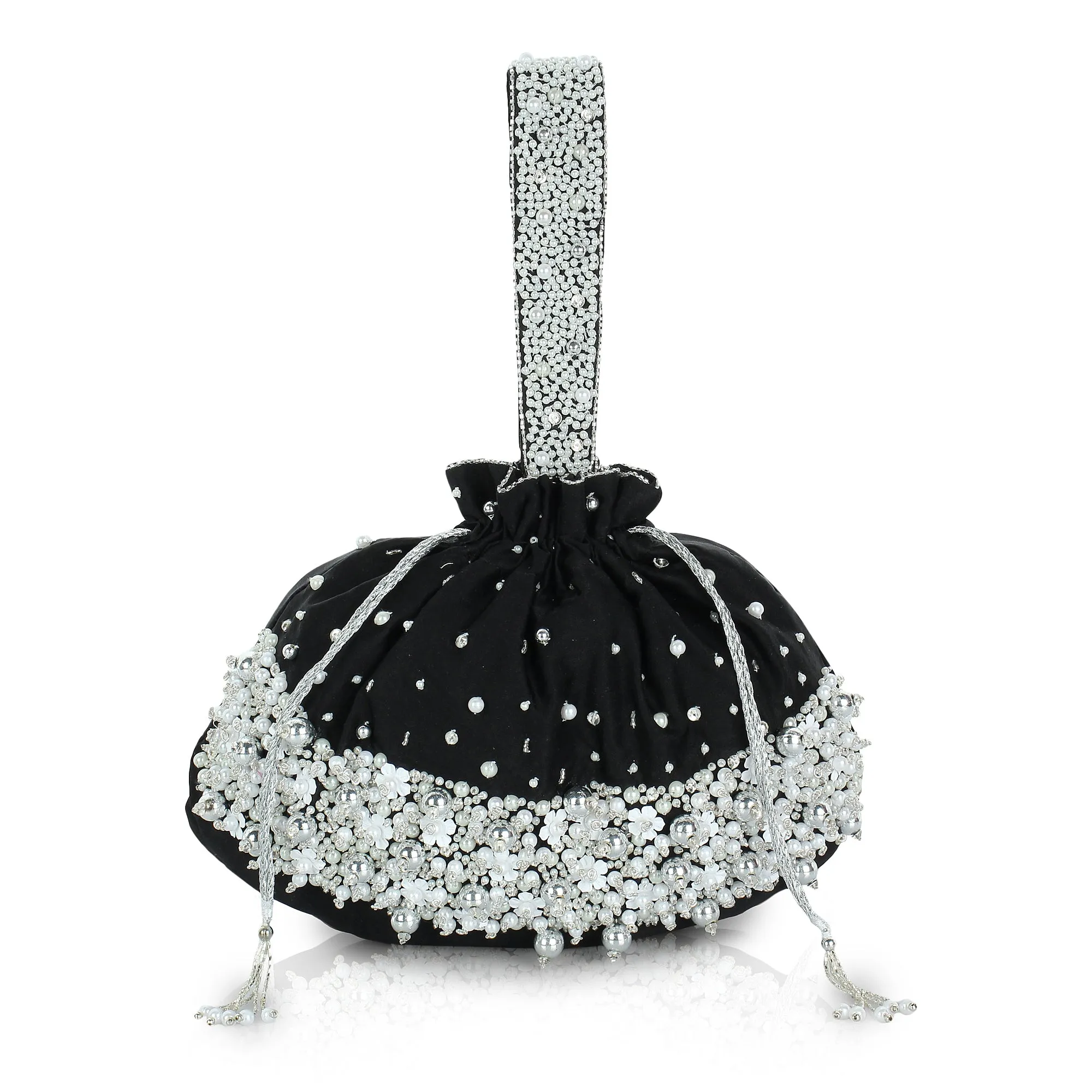 Black Potli Bag , embellished with pearls and swarovski crystals