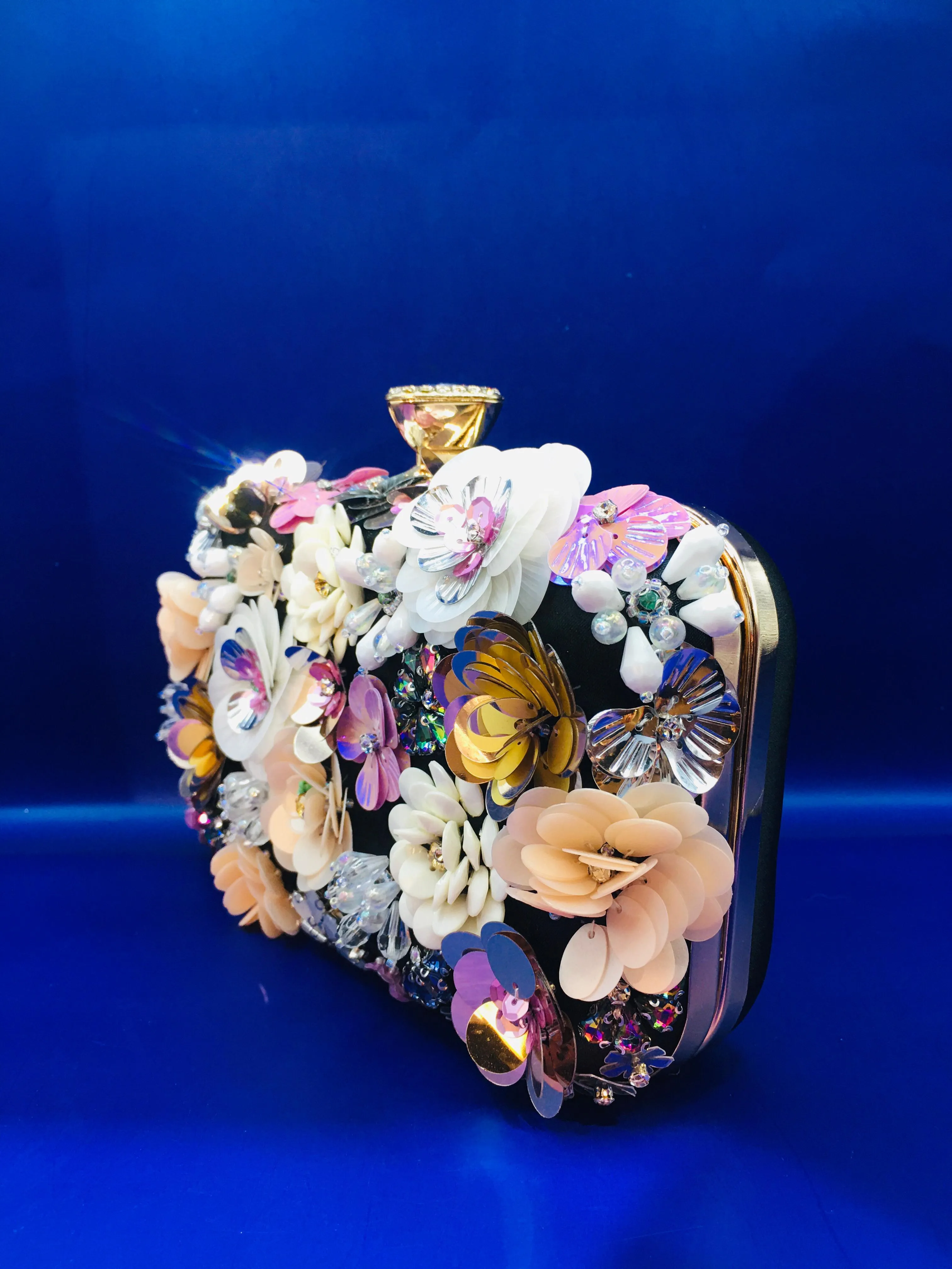 Black, Purple and Pink 3D Appliqué Floral Statement Clutch with Beads & Sequins