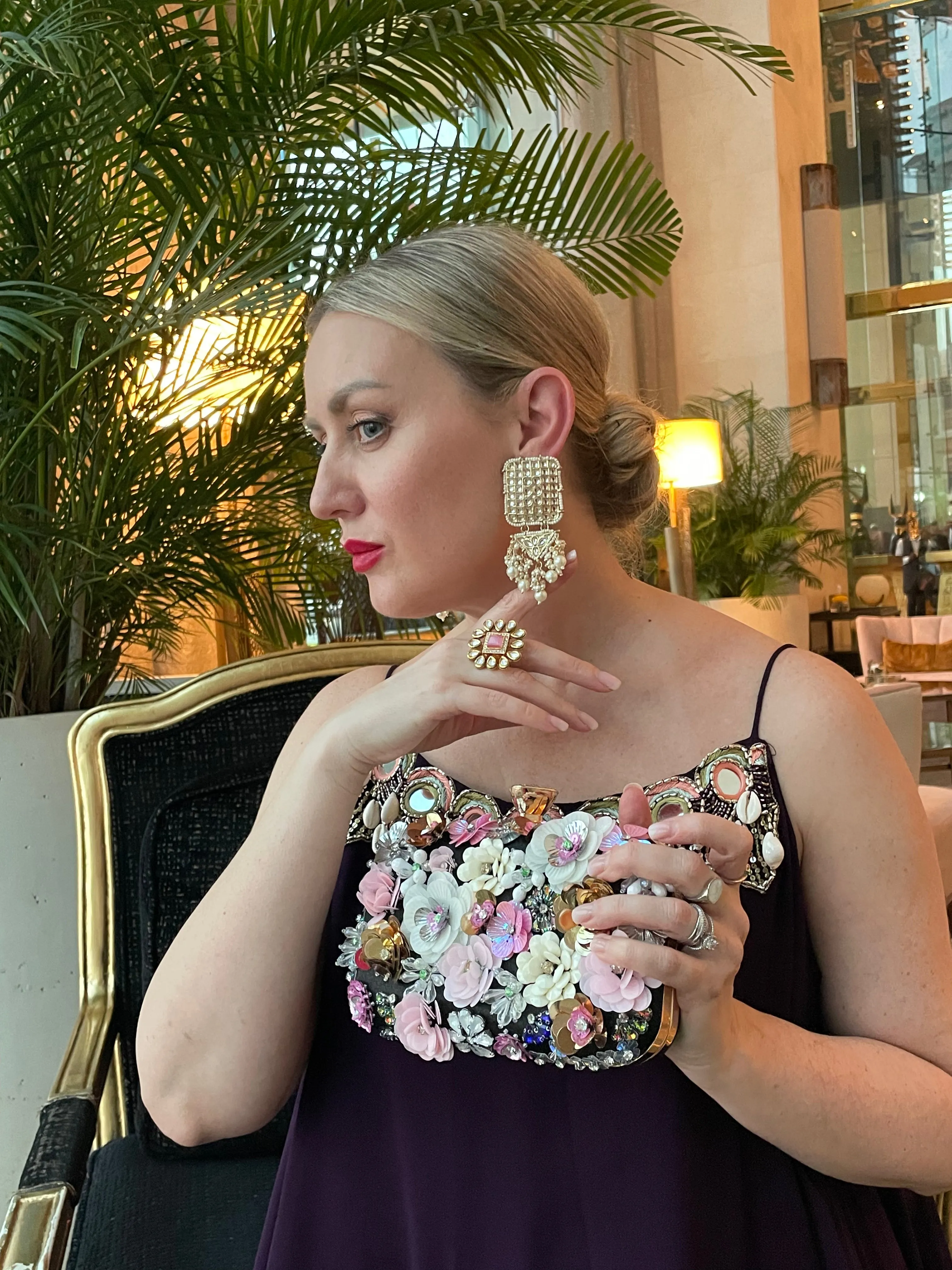 Black, Purple and Pink 3D Appliqué Floral Statement Clutch with Beads & Sequins