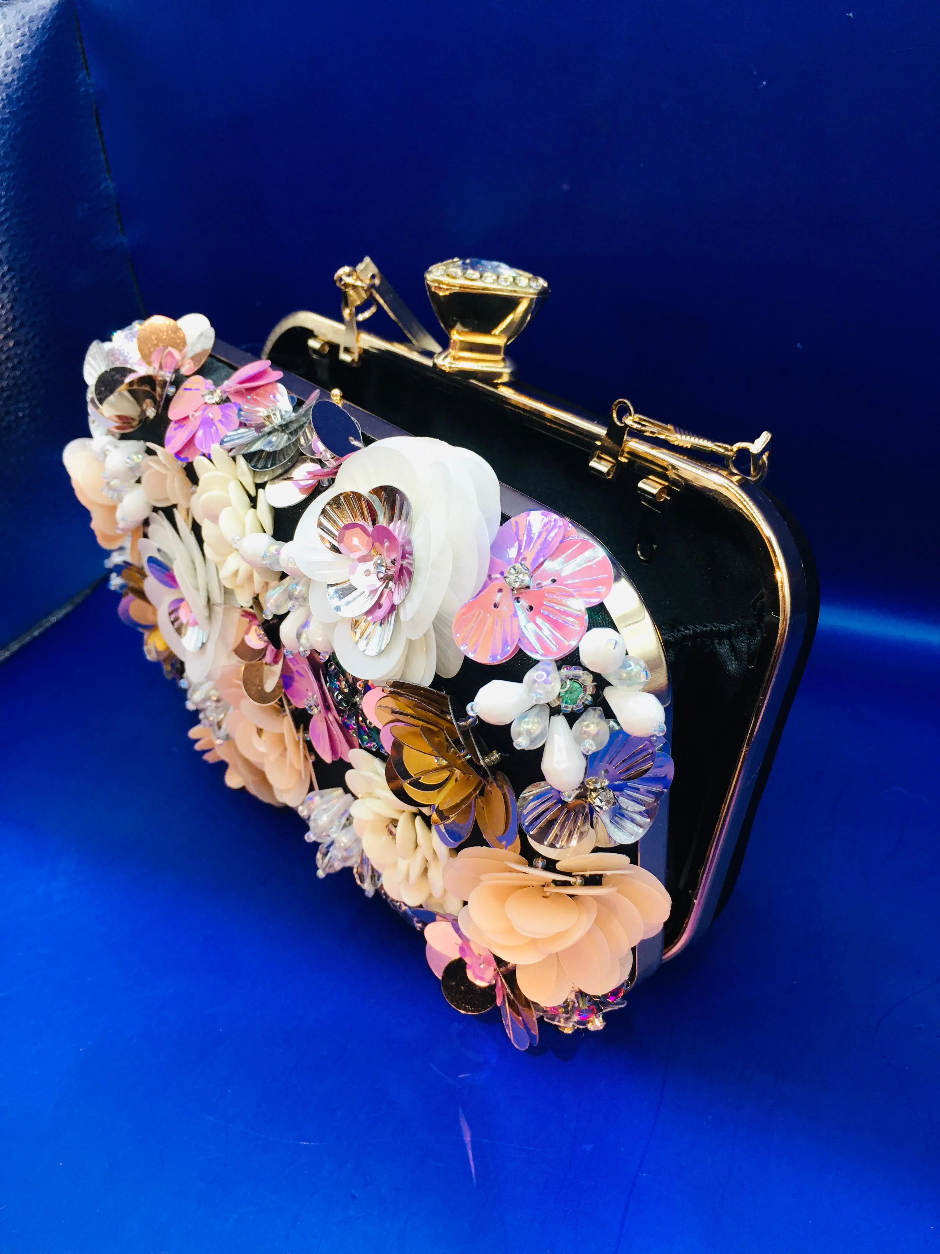 Black, Purple and Pink 3D Appliqué Floral Statement Clutch with Beads & Sequins