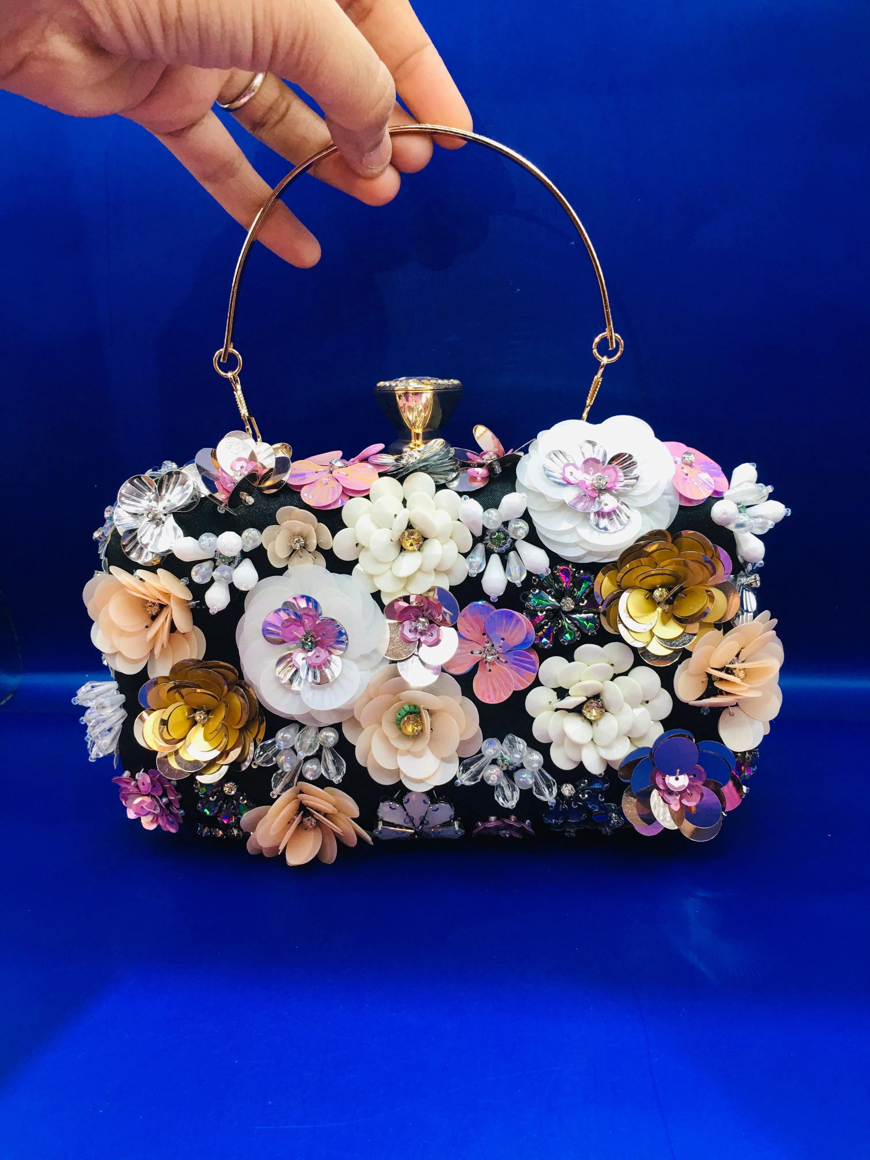 Black, Purple and Pink 3D Appliqué Floral Statement Clutch with Beads & Sequins