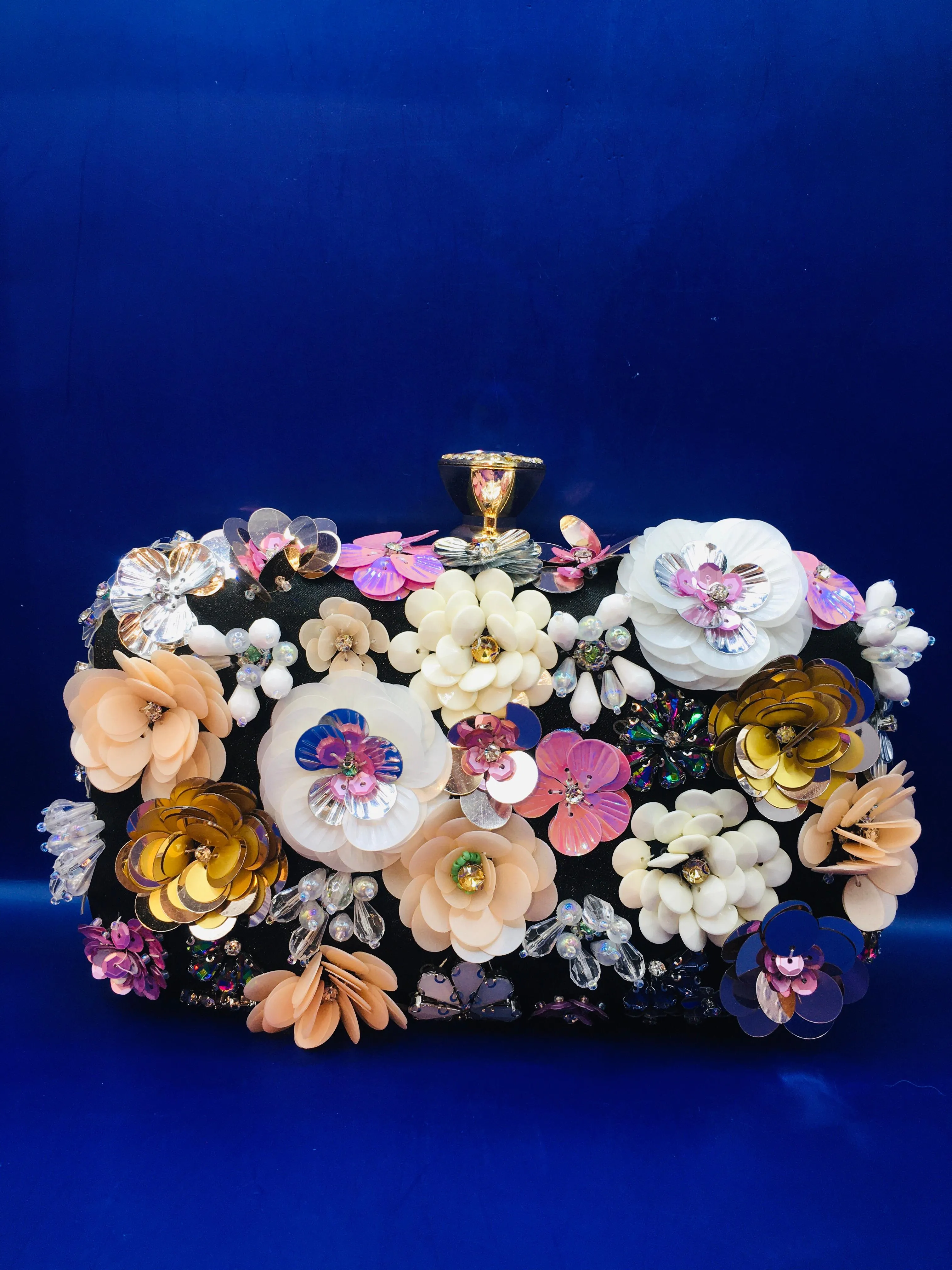 Black, Purple and Pink 3D Appliqué Floral Statement Clutch with Beads & Sequins
