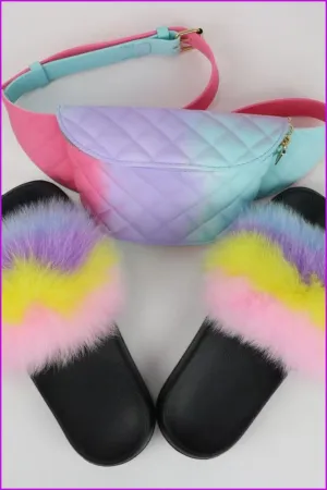 Blue Purple Yellow Pink Fur Slides & Waist Bag Set #10 F952