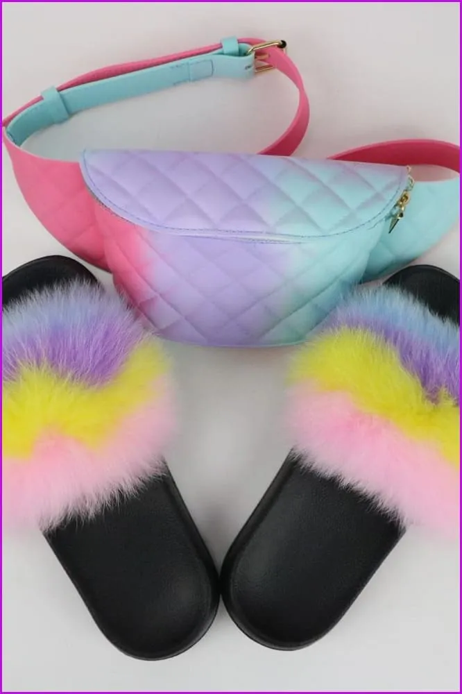 Blue Purple Yellow Pink Fur Slides & Waist Bag Set #10 F952