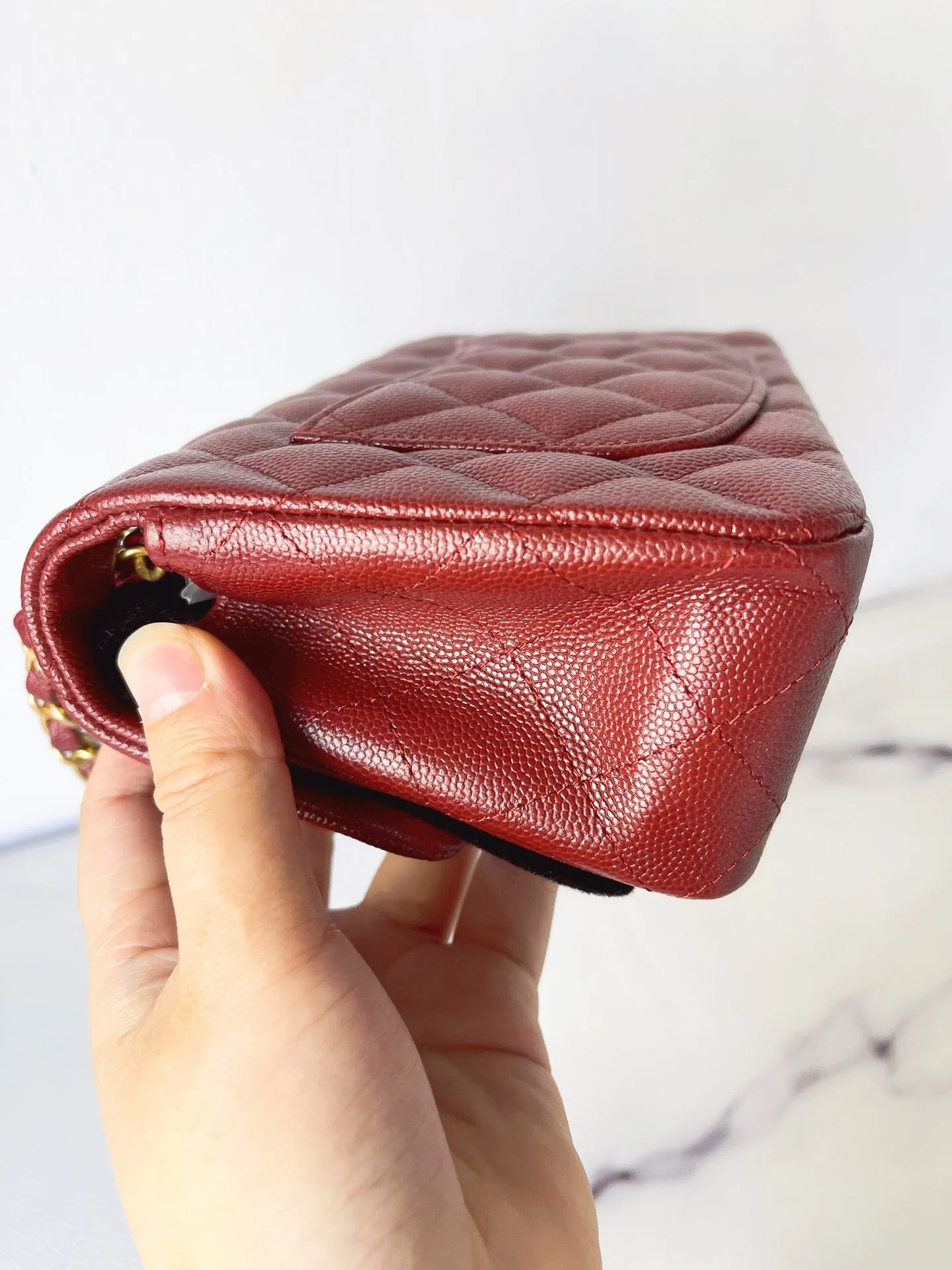 Chanel Classic Mini Rectangular 18C Iridescent Burgundy Quilted Caviar with brushed gold hardware