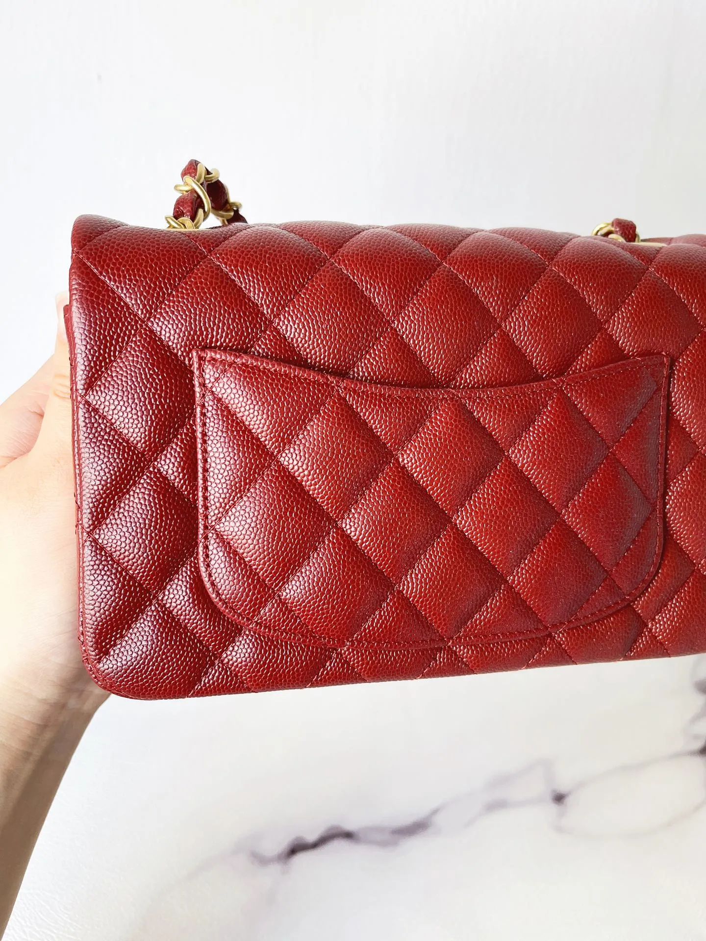 Chanel Classic Mini Rectangular 18C Iridescent Burgundy Quilted Caviar with brushed gold hardware