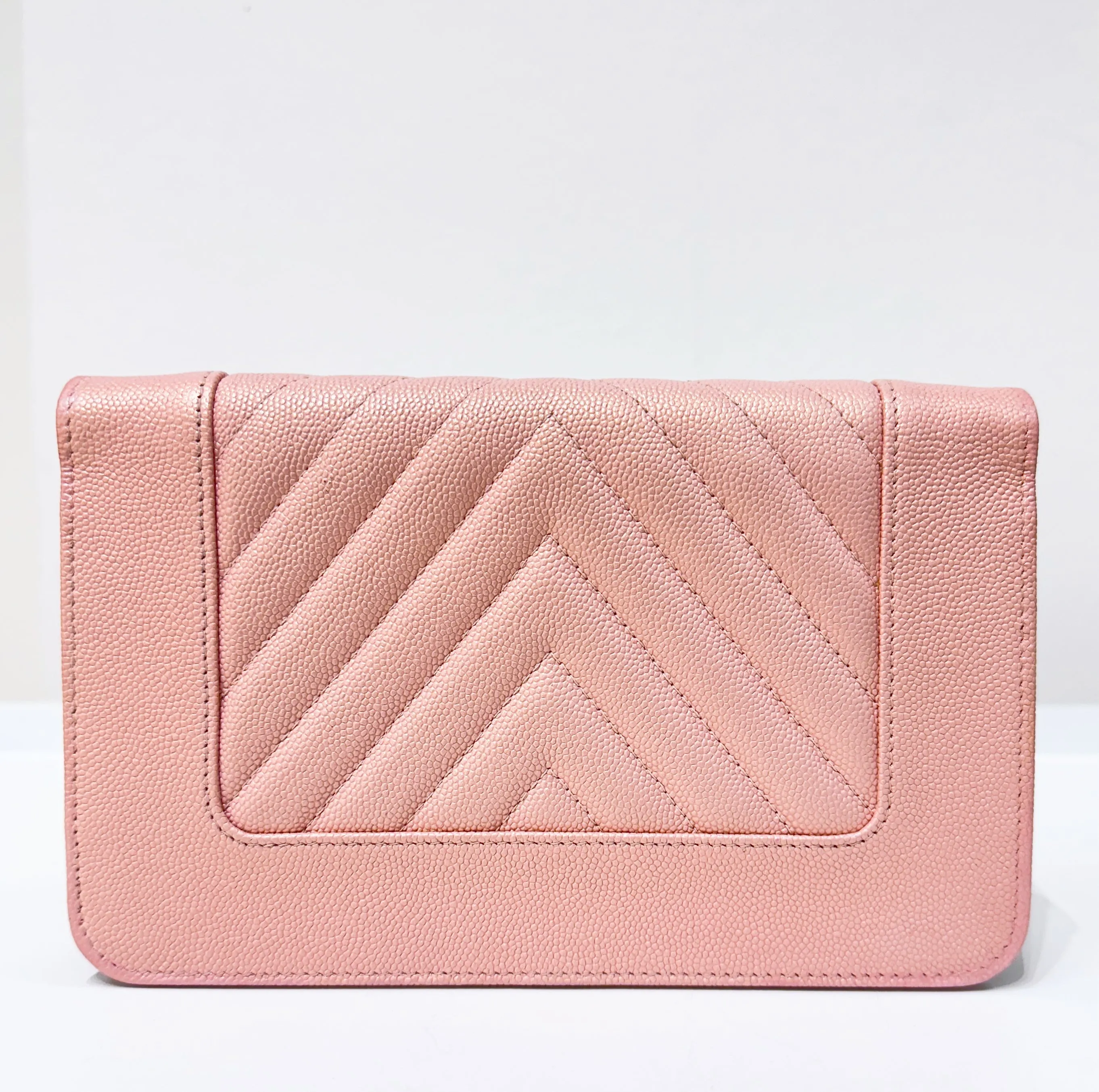 CHANEL Metallic Caviar Chevron Quilted Vintage Mademoiselle Wallet On Chain WOC Pink