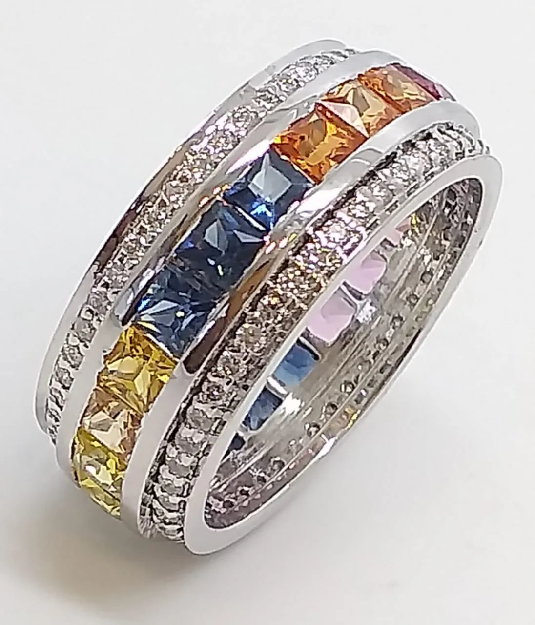 Channel Set Multi Sapphire and Diamond Ring in 14k White Gold