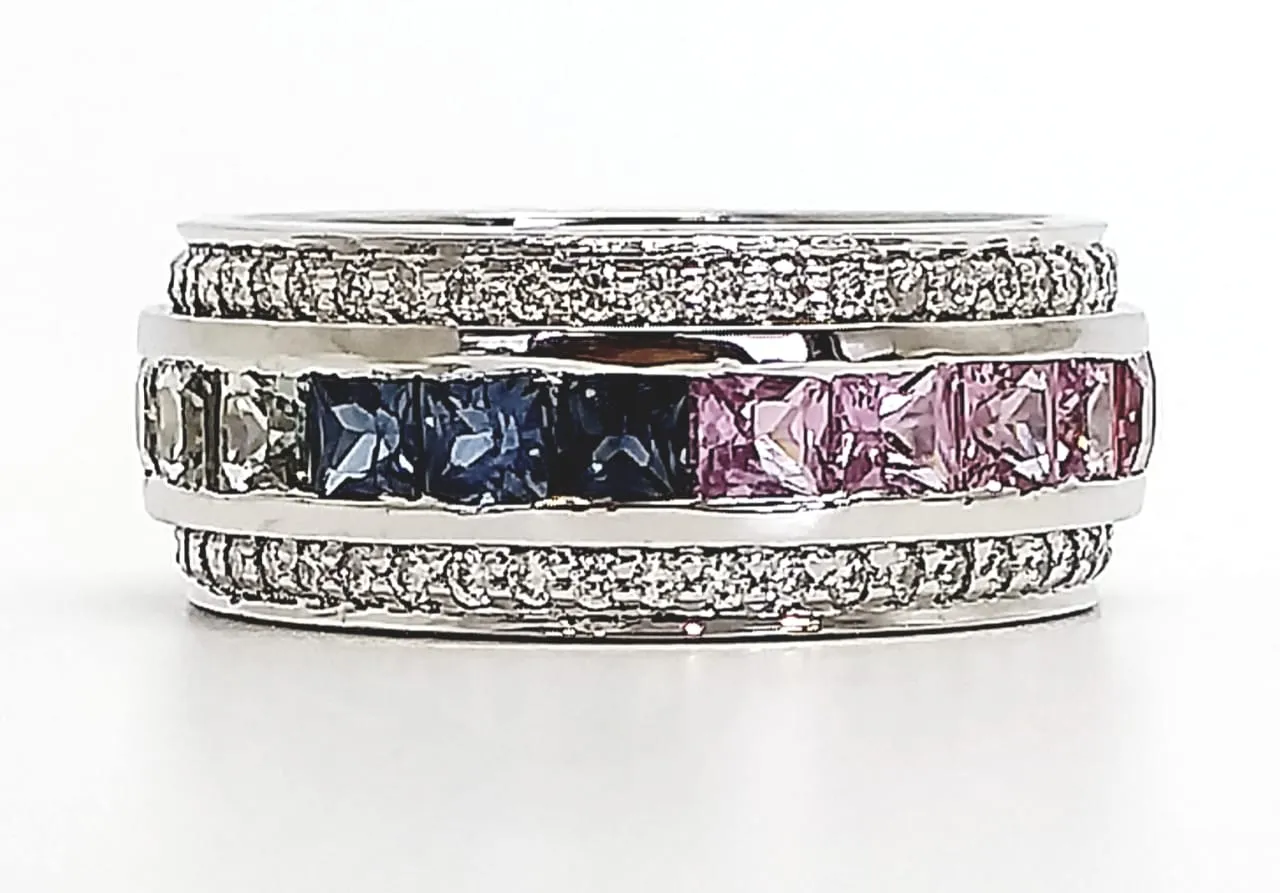 Channel Set Multi Sapphire and Diamond Ring in 14k White Gold