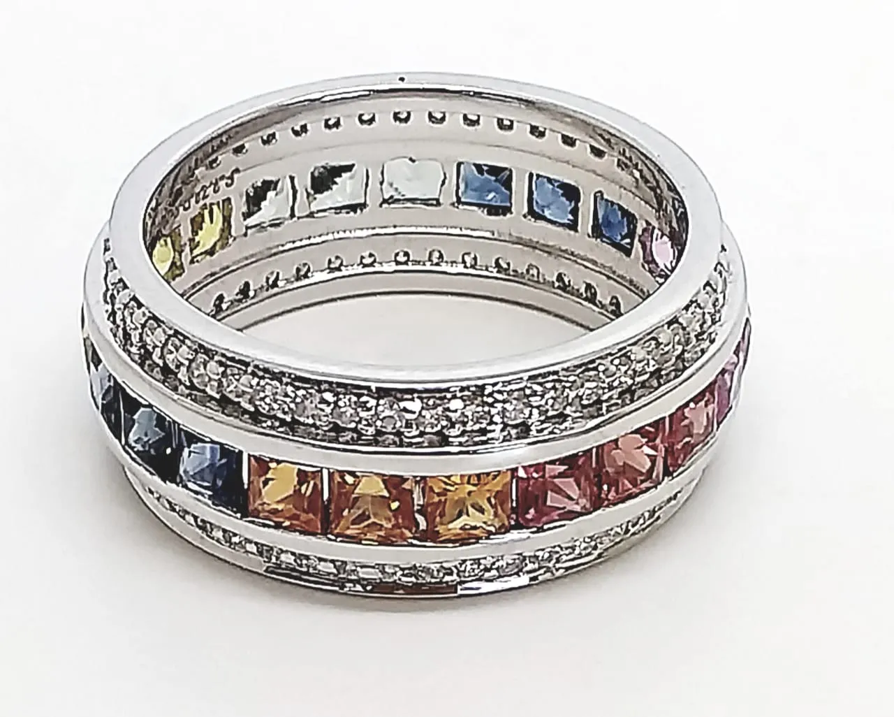 Channel Set Multi Sapphire and Diamond Ring in 14k White Gold