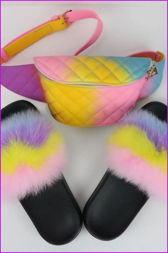 Colorful Fluffy Fur Slides & Waist Bag Set F952