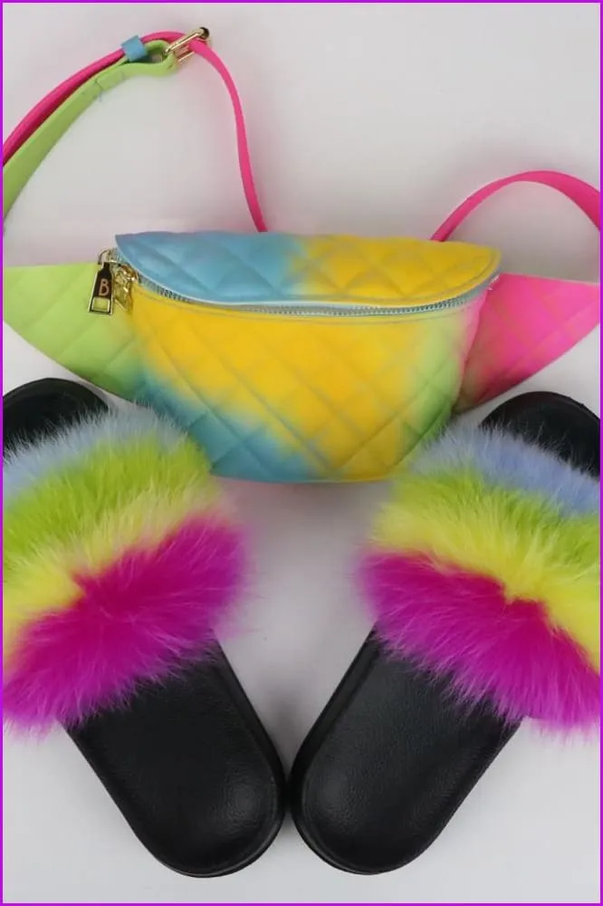 Colorful Fluffy Fur Slides & Waist Bag Set F952