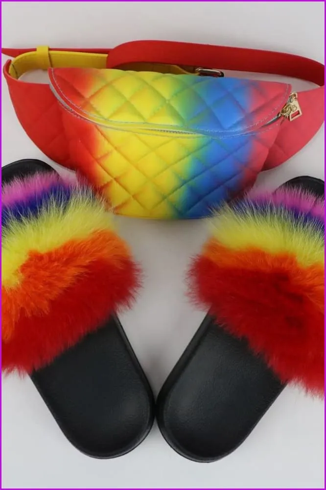 Colorful Fluffy Fur Slides & Waist Bag Set F952