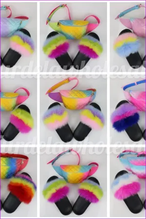 Colorful Fluffy Fur Slides & Waist Bag Set F952
