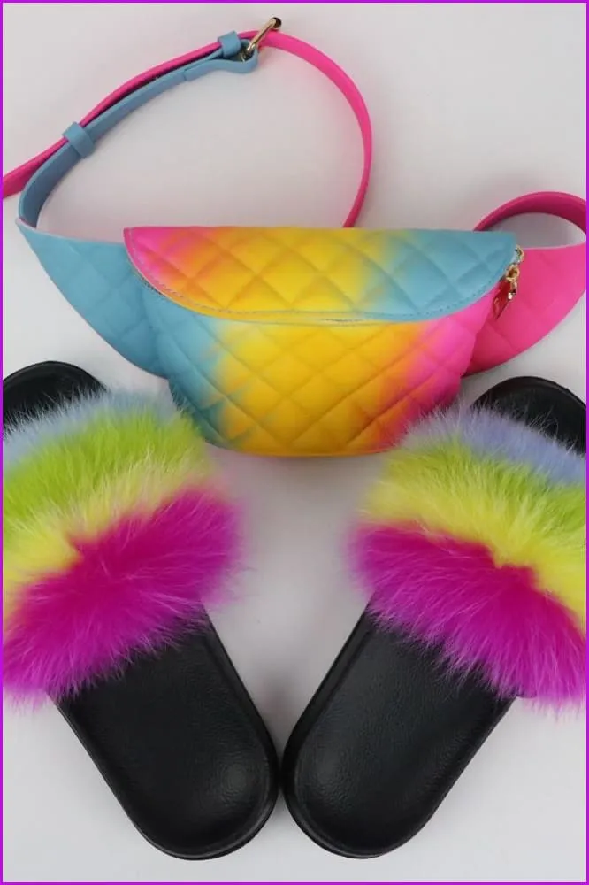 Colorful Fluffy Fur Slides & Waist Bag Set F952