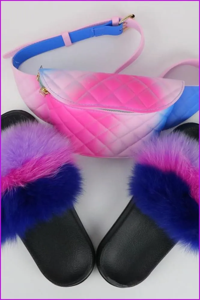 Colorful Fluffy Fur Slides & Waist Bag Set F952