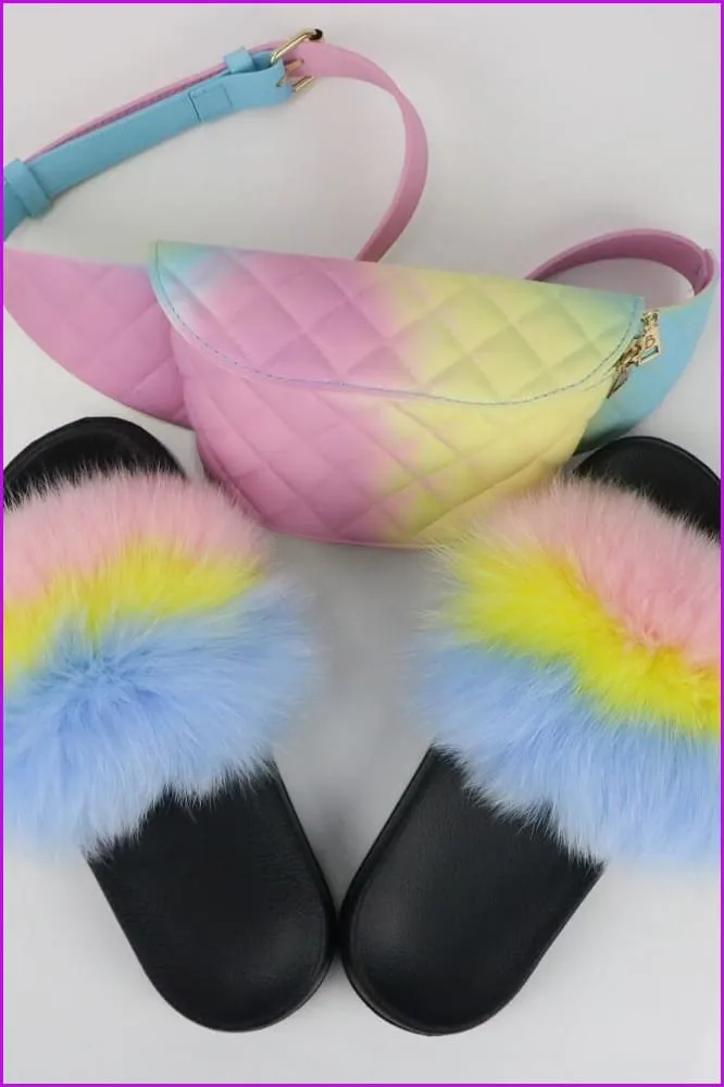 Colorful Fluffy Fur Slides & Waist Bag Set F952